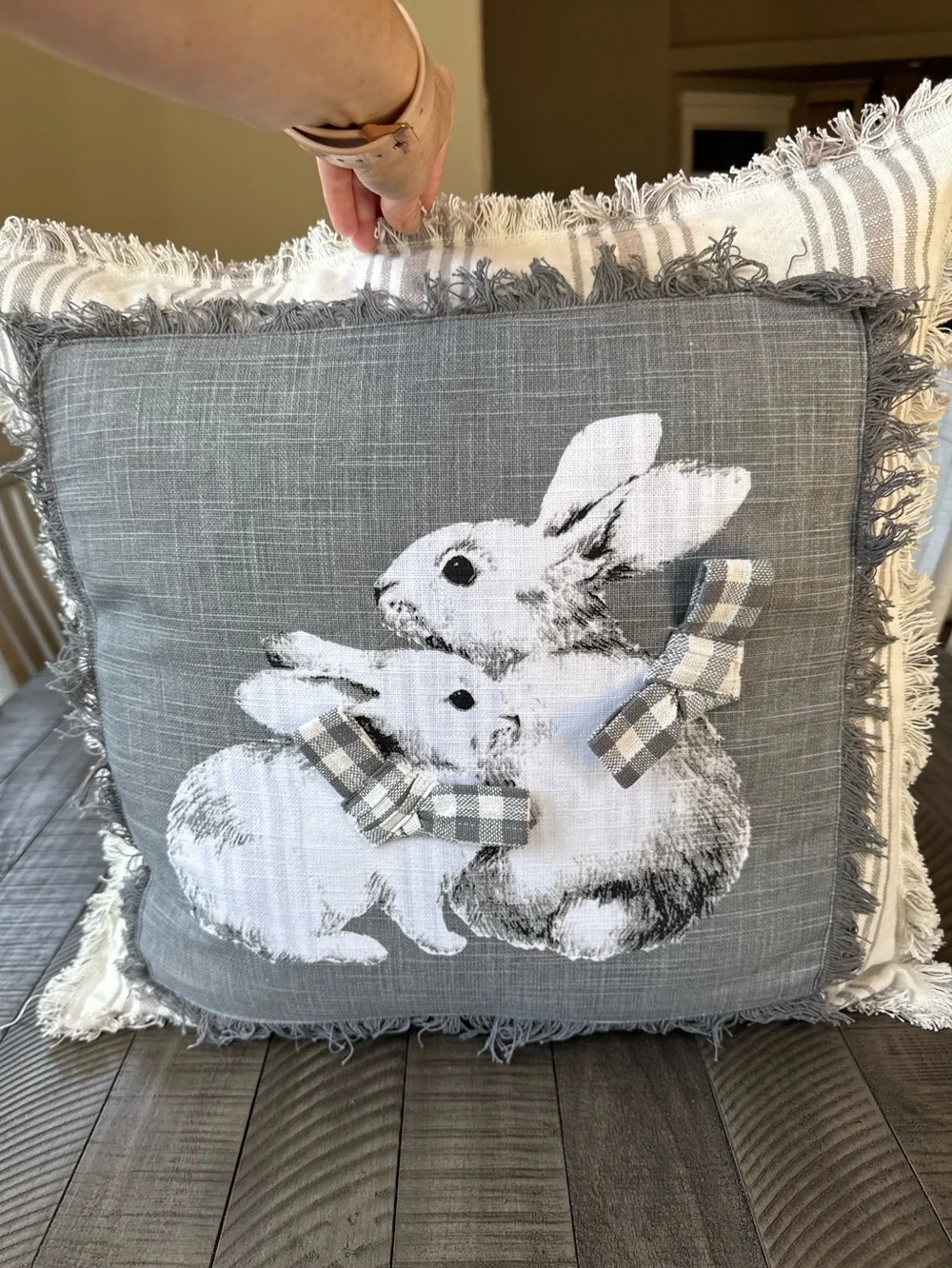 Gray Bunny 20X20 Farmhouse Decorative Fringe & Checkered Throw Pillow